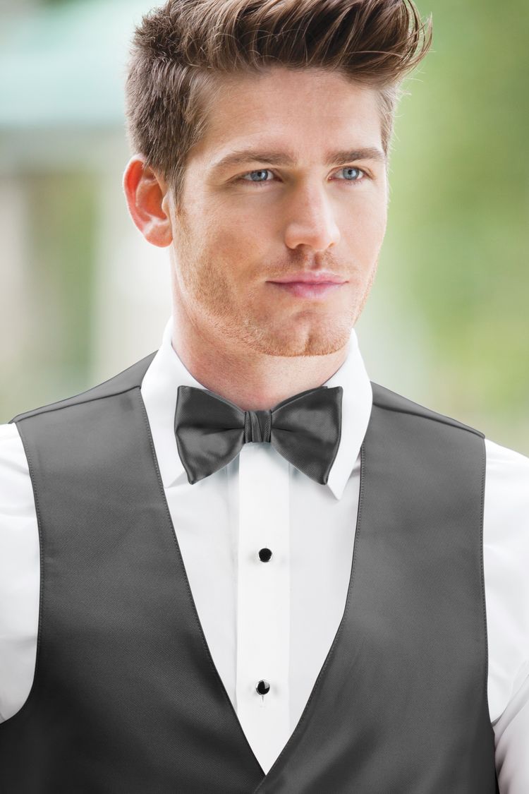Guy wearing the Expressions Charcoal Bow Tie and matching vest