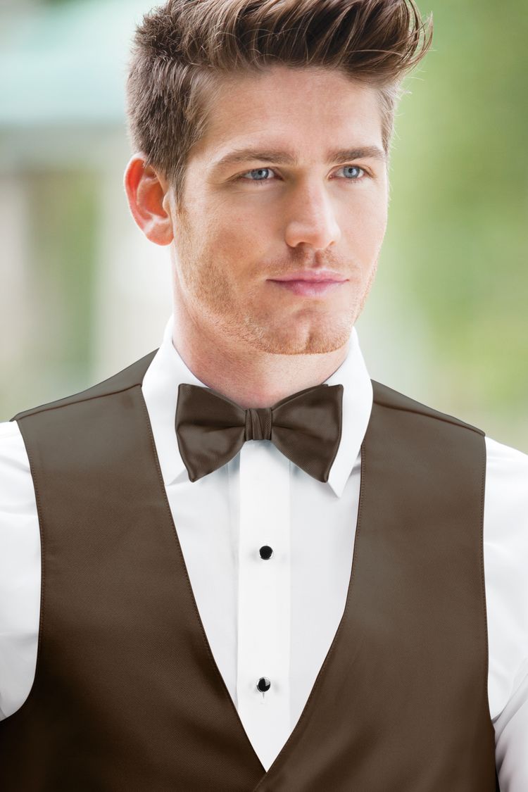 Guy wearing the Expressions Chocolate Bow Tie and matching vest