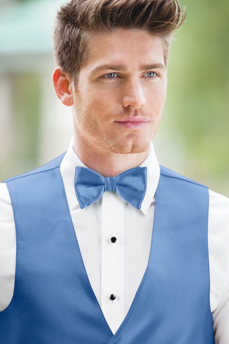 Guy wearing the Expressions Cornflower Bow Tie and matching vest