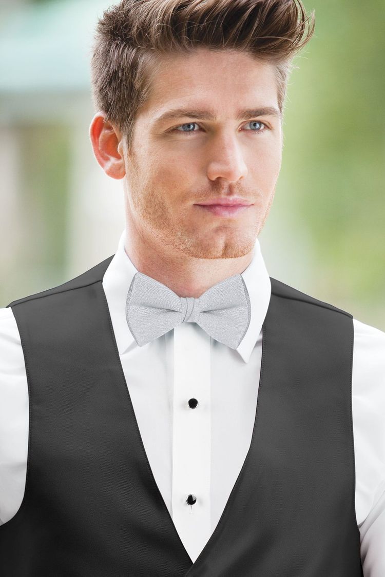 Metallic Silver Solid Bow Tie with a black vest