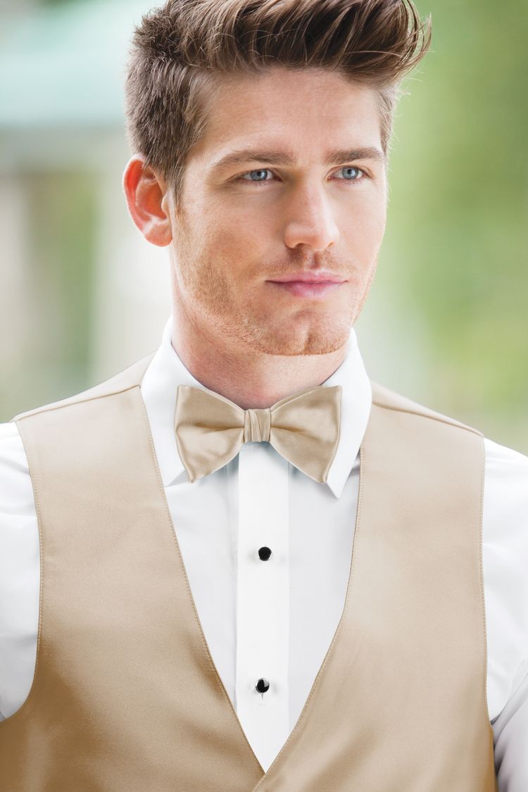 Man wearing the Expressions Nude Bow Tie with a matching vest