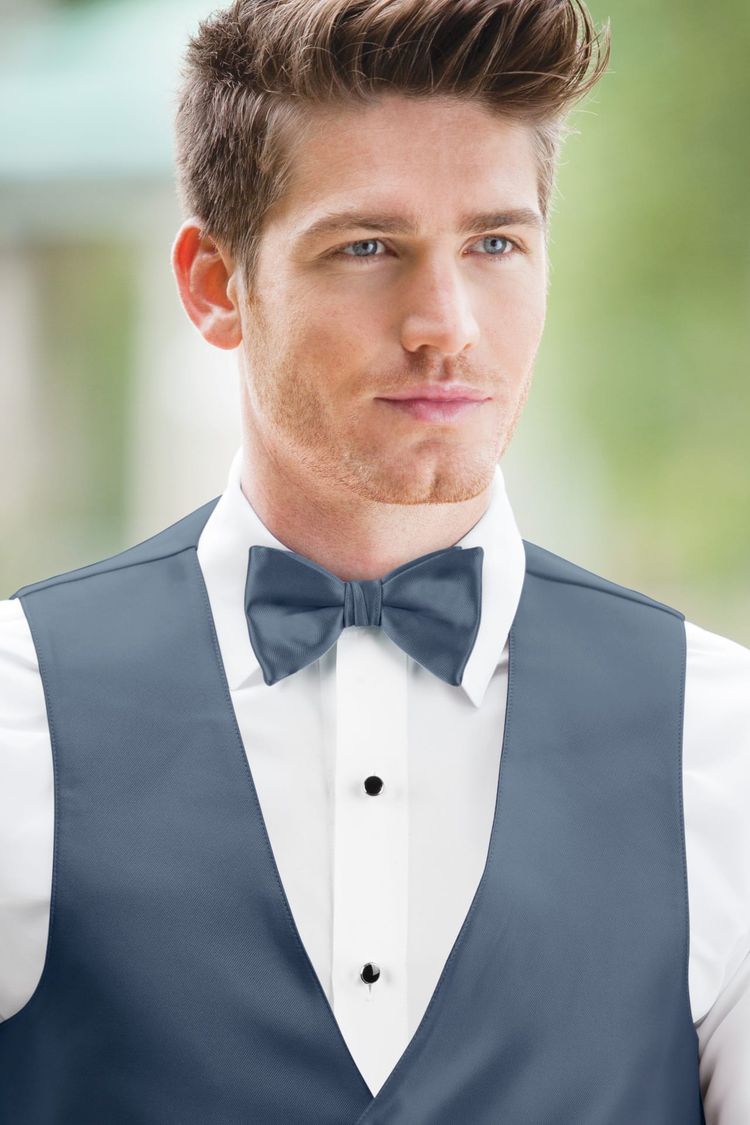 Guy wearing a Expressions Slate Blue Bow Tie and a matching tie