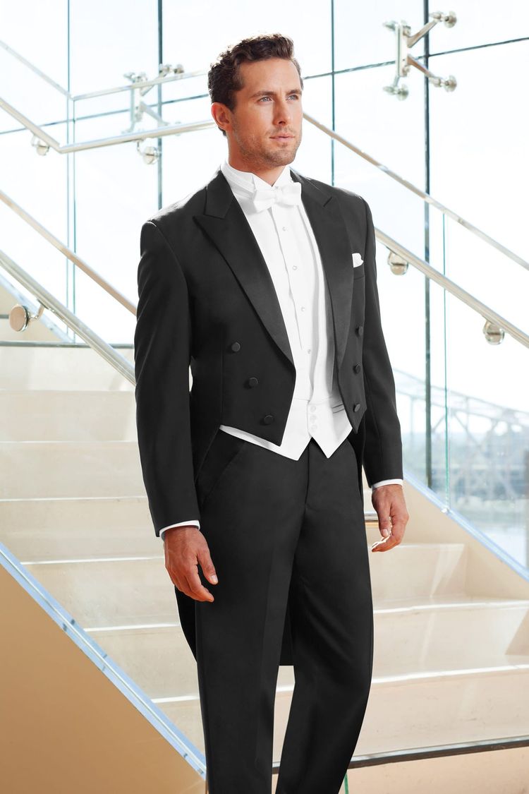 man wearing Black Classic Peak Fulldress Tuxedo Coat with matching black pants and pique accessories