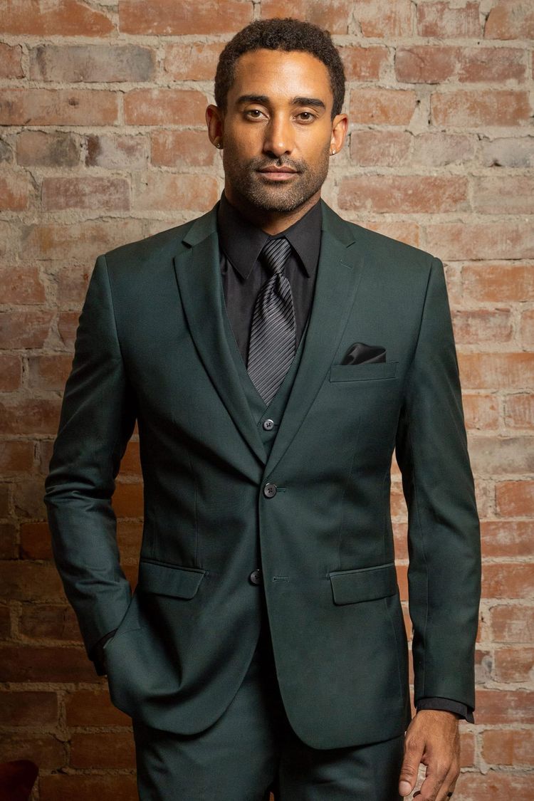 Dark Green Stretch Slim Fit Suit by Couture 1910 with a black shirt and black and grey striped tie
