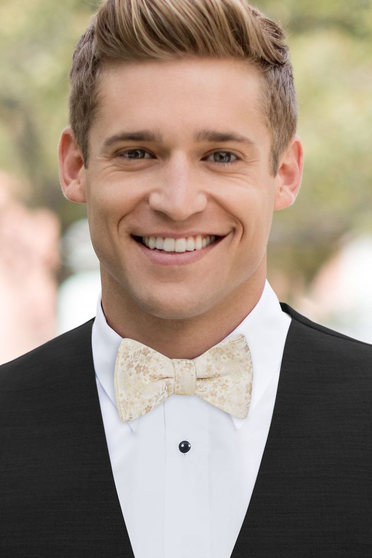 Man wearing a Floral Golden Bow Tie with a black vest
