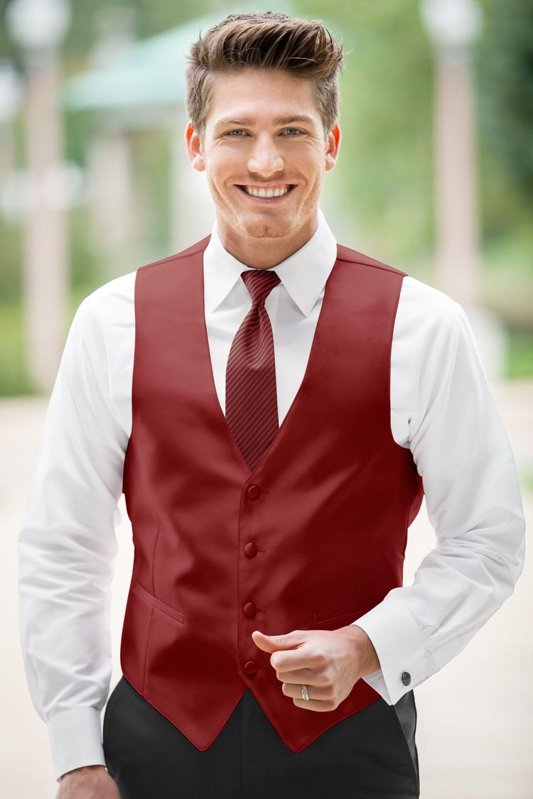 Guy wearing the Expressions Apple Red Fullback Vest and matching striped tie