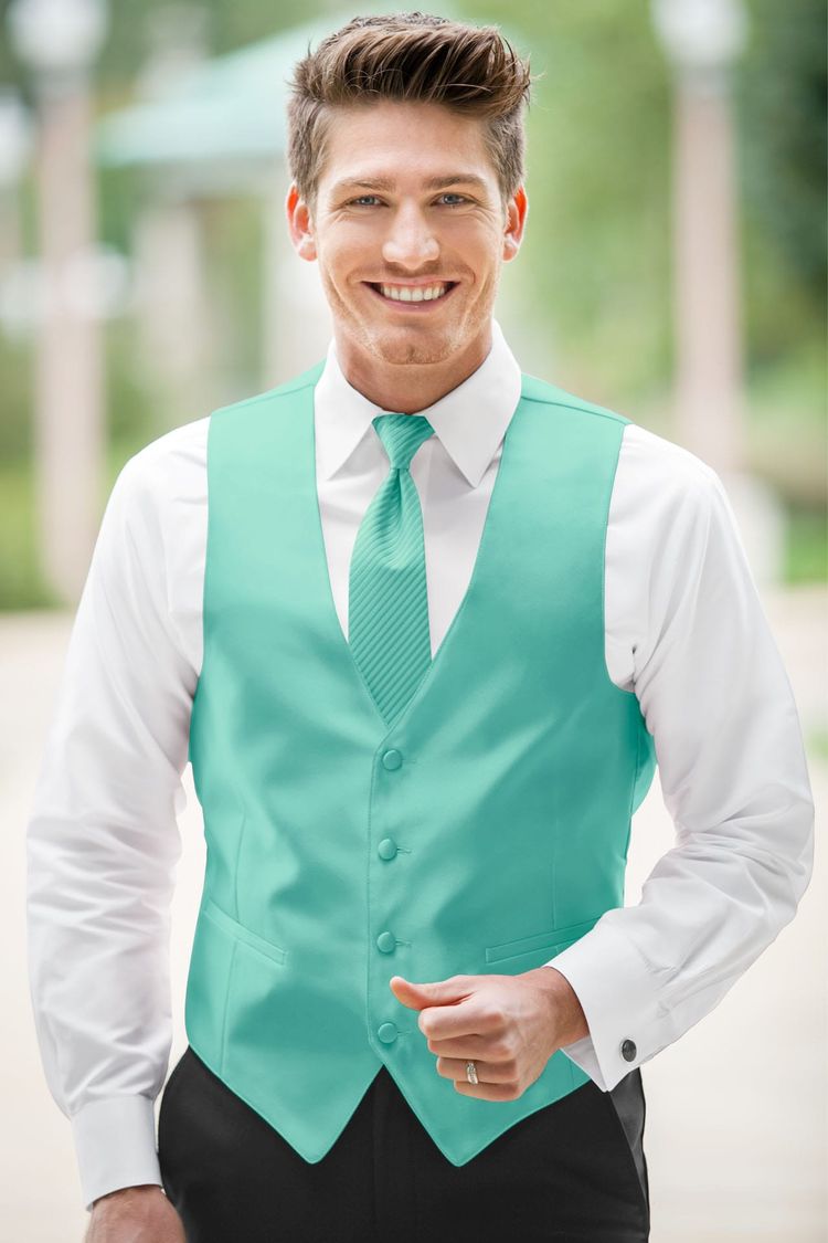Guy wearing the Expressions Aqua Fullback Vest and matching Striped tie