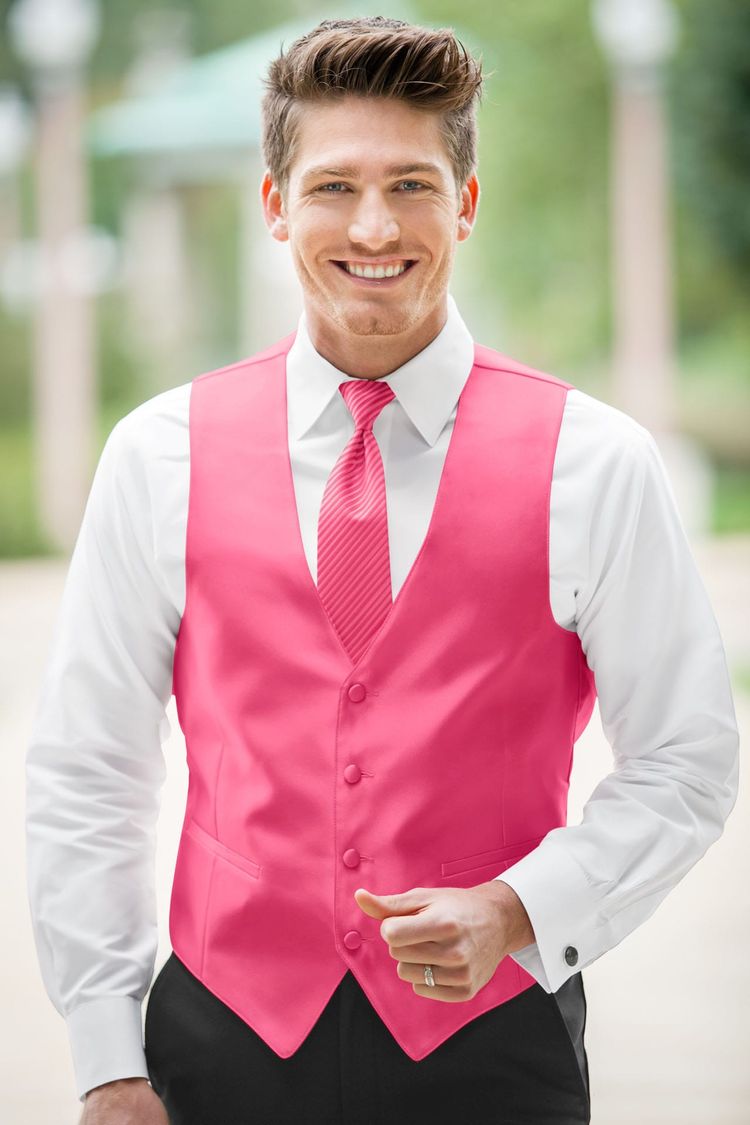 Guy wearing the Expressions Brite Pink Fullback Vest and matching tie