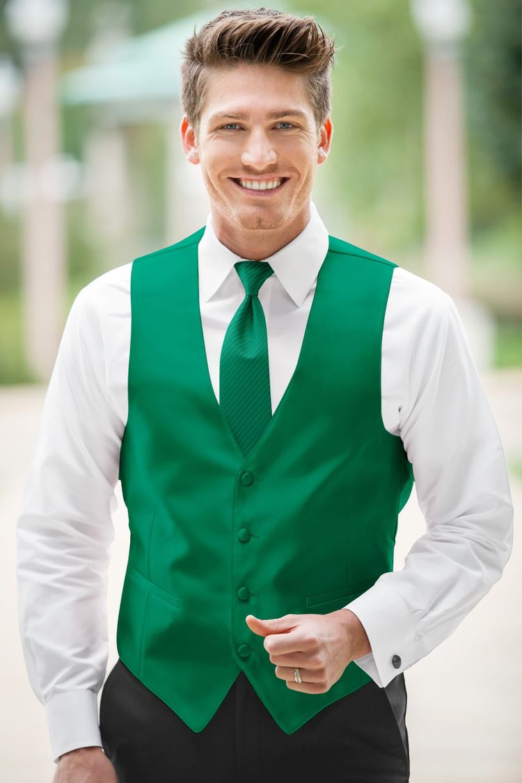 Guy wearing a Expressions Emerald Fullback Vest with a matching tie