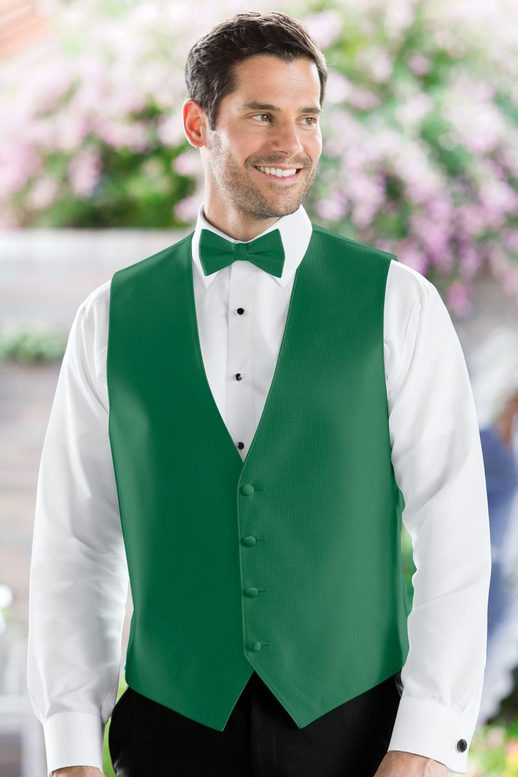 Man wearing the Herringbone Emerald Green Fullback Vest with a matching tie