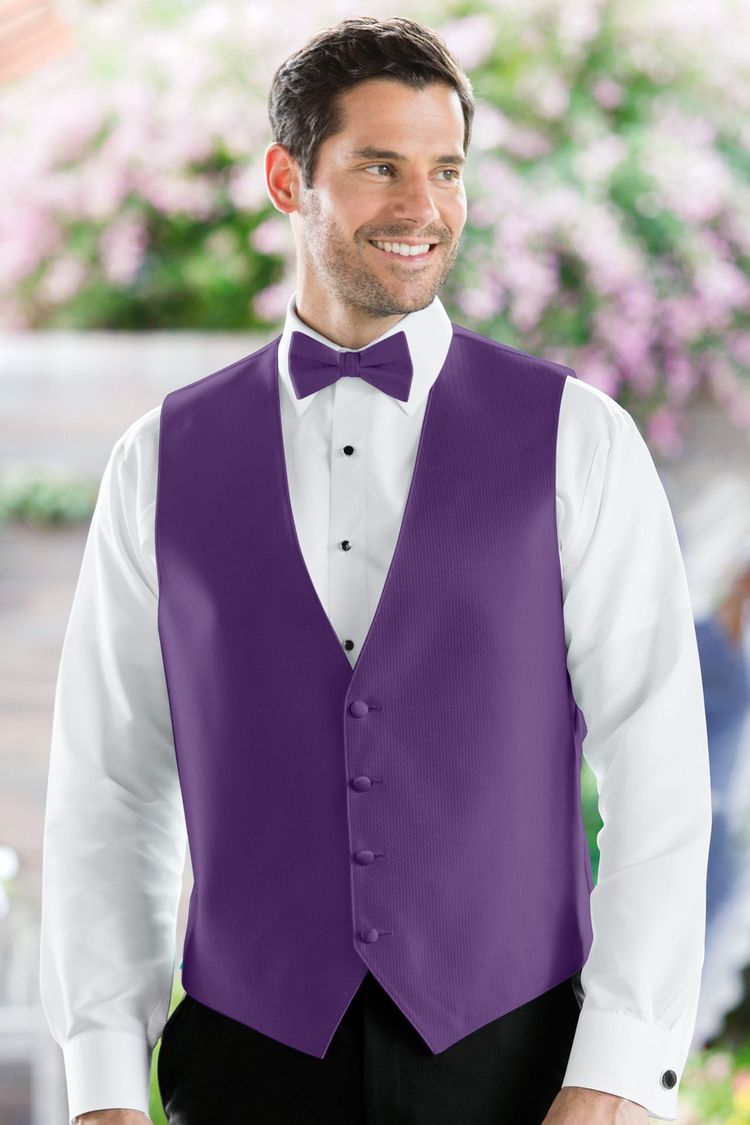 Man wearing the Herringbone Purple Fullback Vest with a matching tie