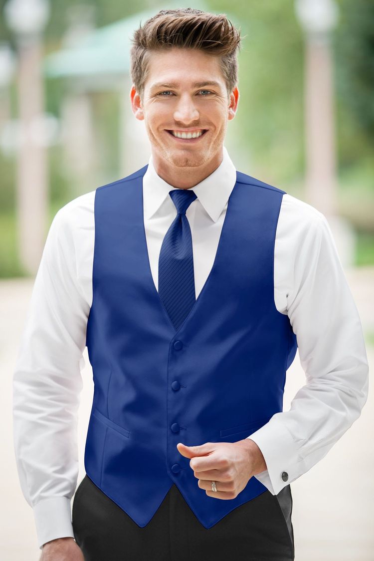 Guy wearing the Expressions Royal Blue Fullback Vest and matching tie