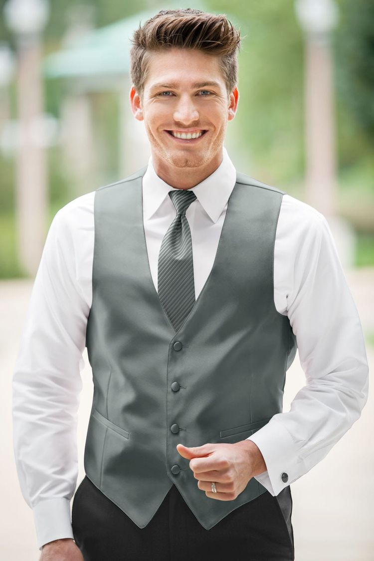 Guy wearing the Expressions Silver Fullback Vest and matching tie