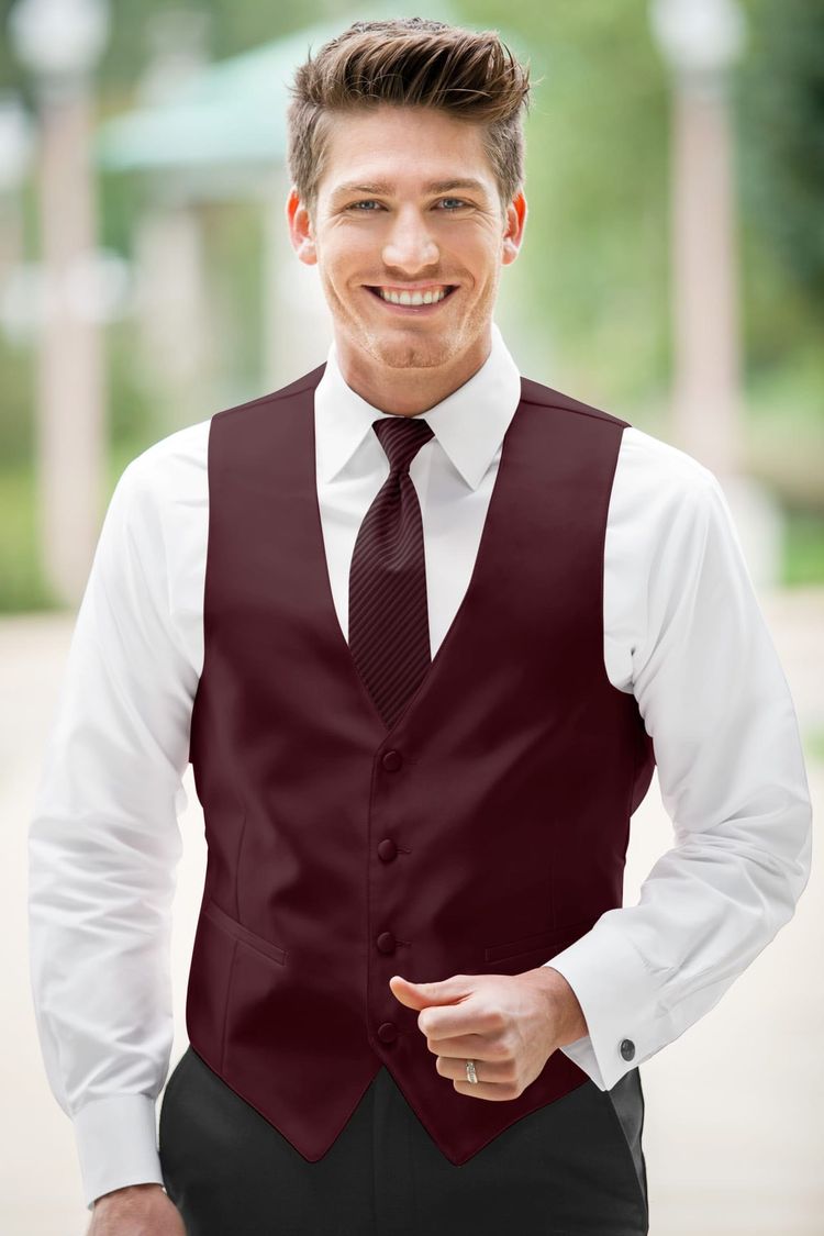 Man wearing the Expressions Wine Fullback Vest with a matching tie