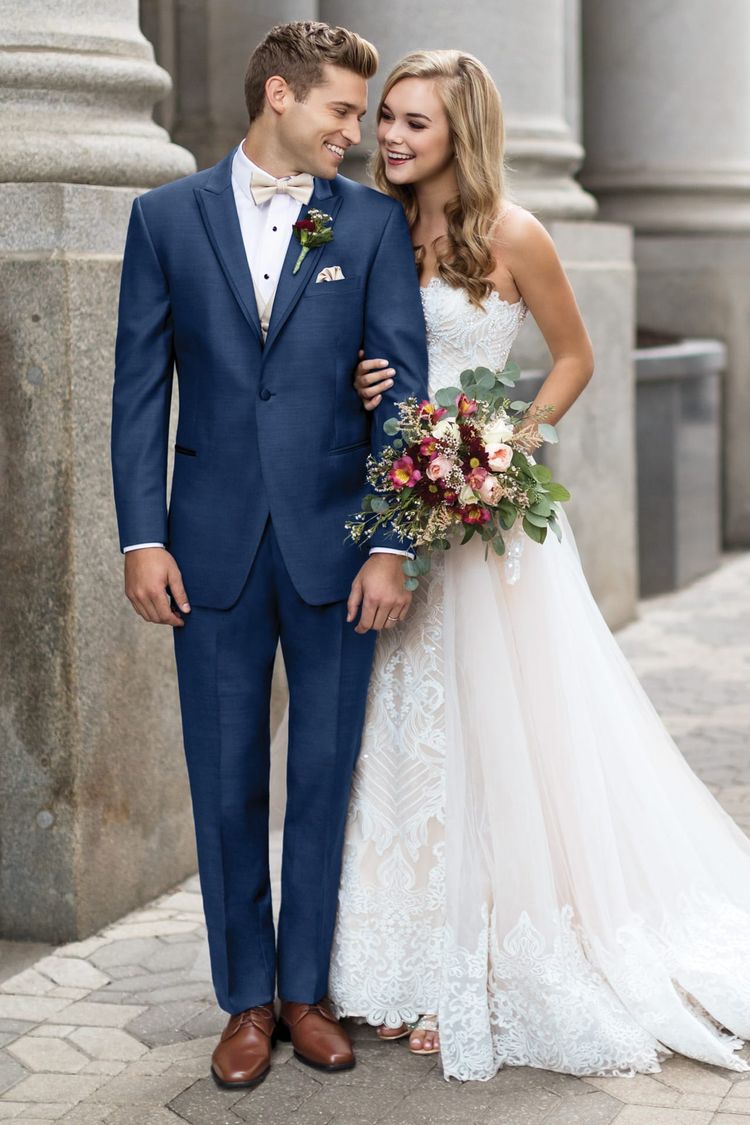 Wedding Tuxedo Indigo Blue Ike Behar Lane with Champagne Bow Tie and Fullback Vest