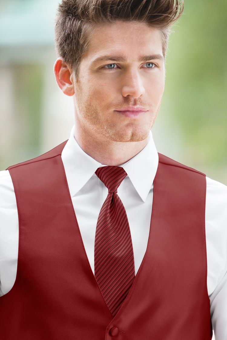 Man wearing the Expressions Apple Red Windsor Tie with a matching vest