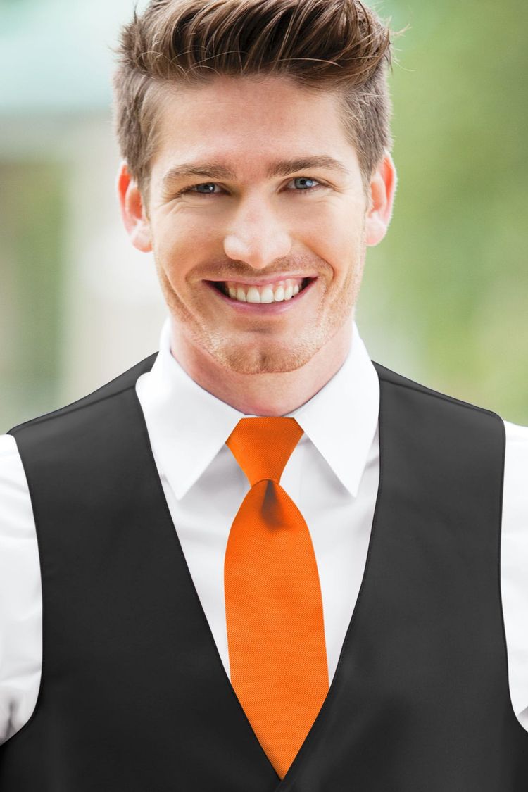 Bright Orange Solid Windsor Tie with a black vest