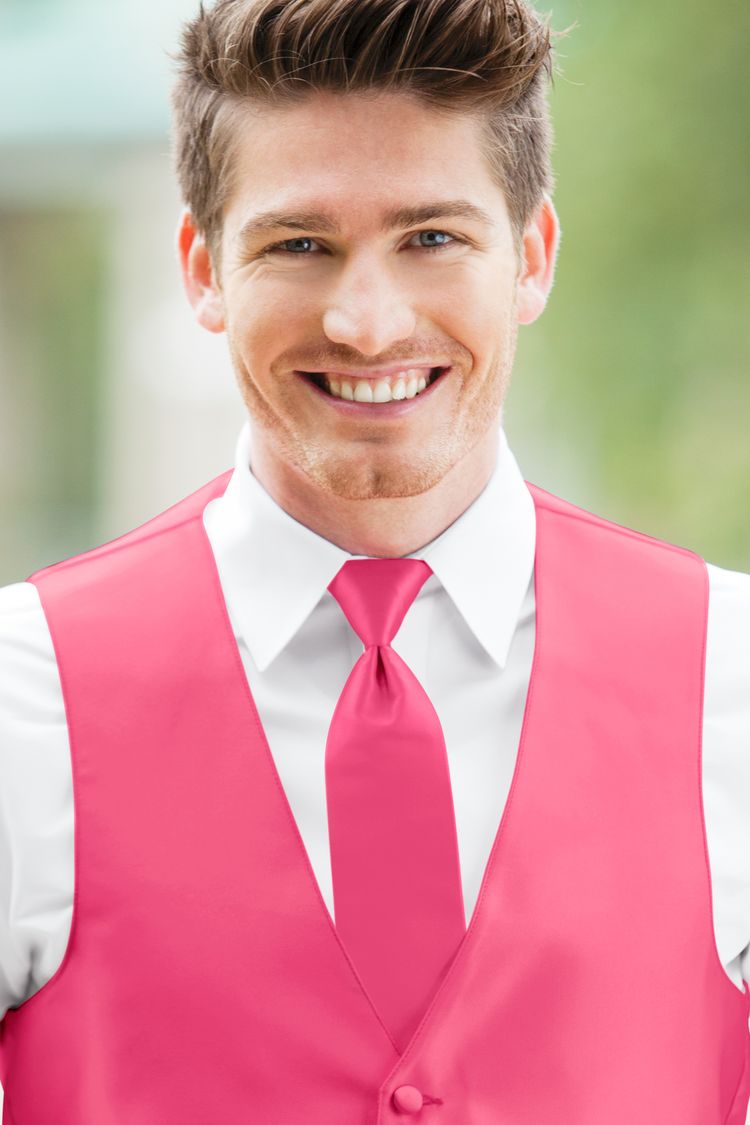 Man wearing the Expressions Brite Pink Windsor Tie with a matching vest