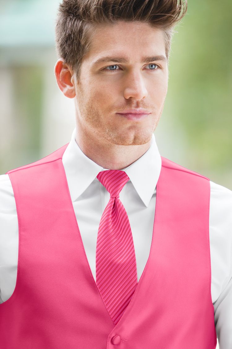 Man wearing the Expressions Brite Pink Windsor Tie with a matching vest