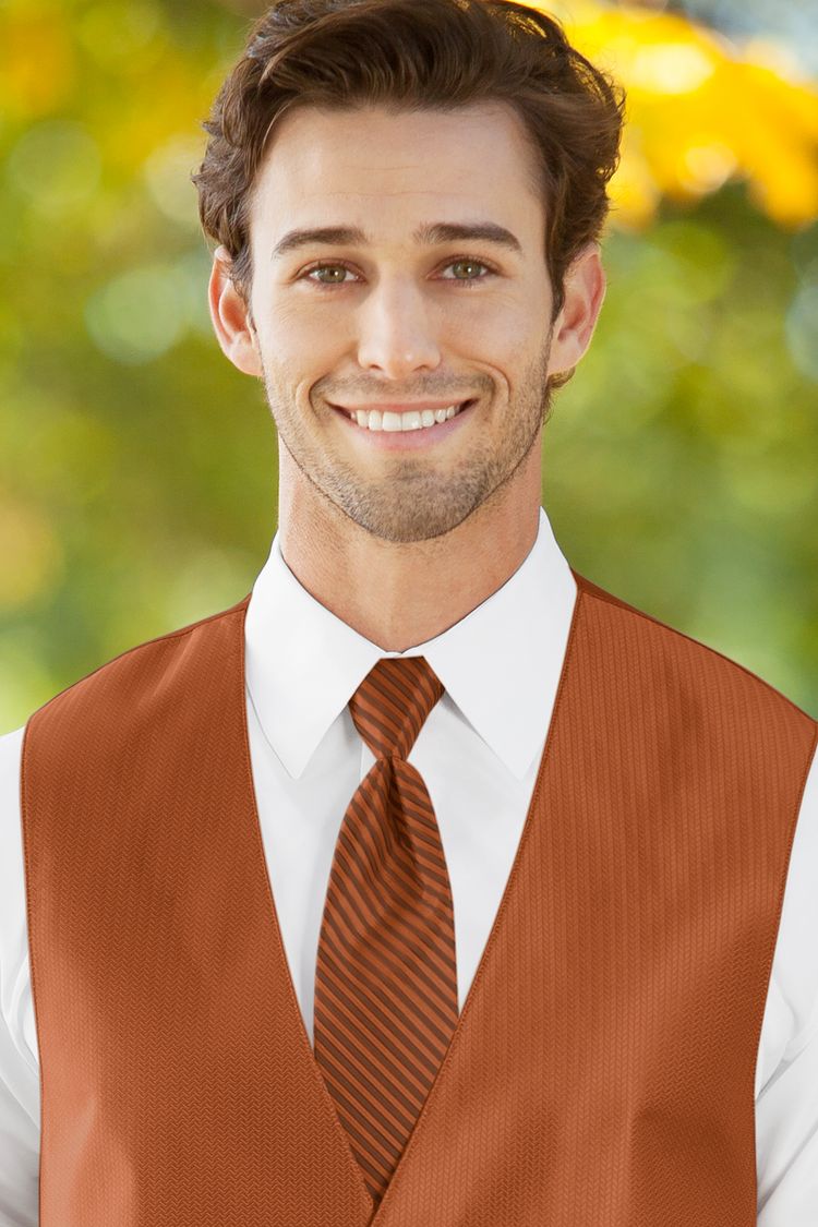 Man wearing the Herringbone Burnt Orange Striped Windsor Tie with a matching vest