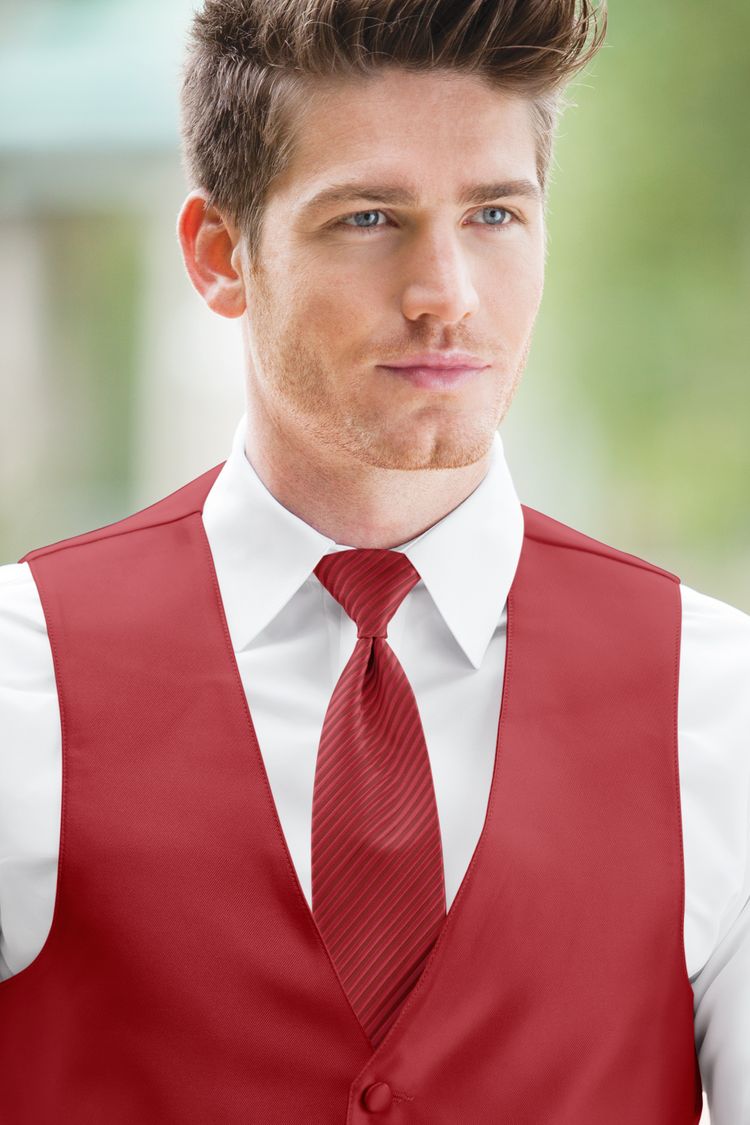 Man wearing the Expressions Cherry Windsor Tie with a matching vest