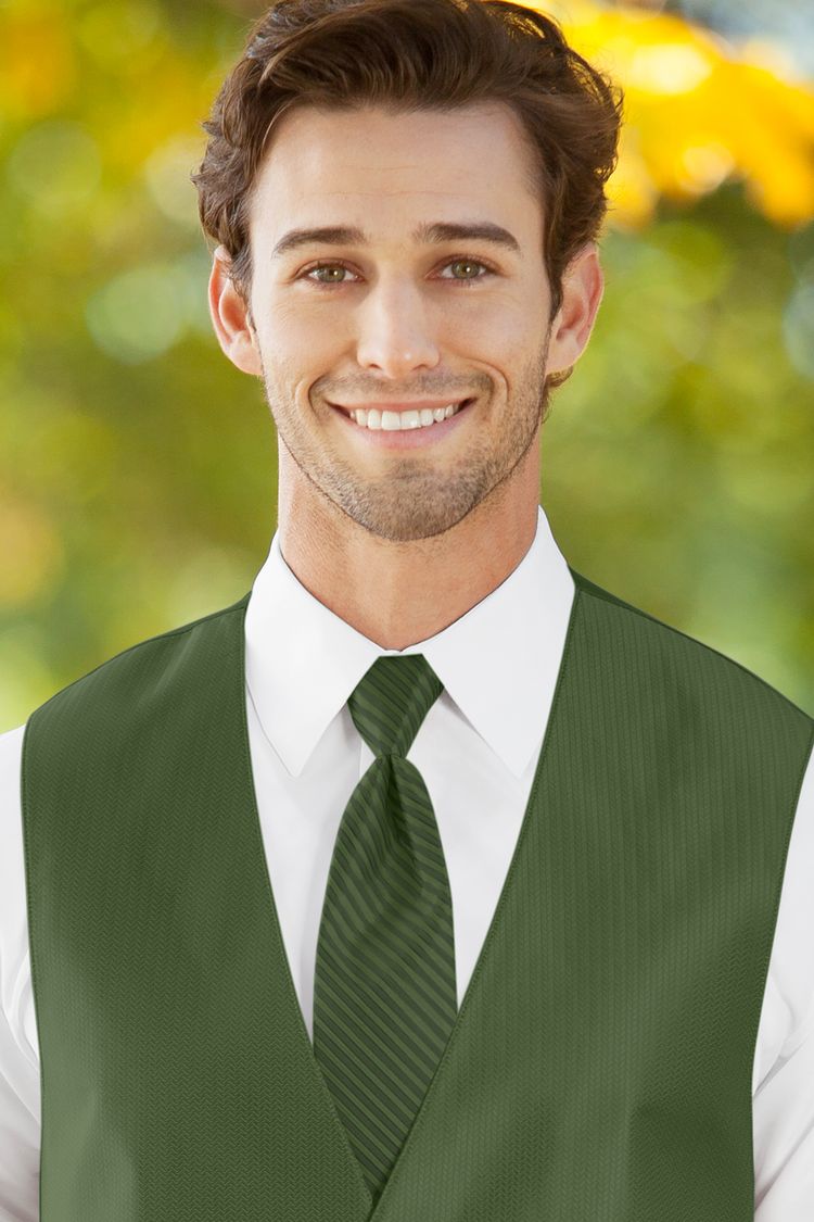 Man wearing the striped Herringbone Clover Windsor Tie with a matching vest