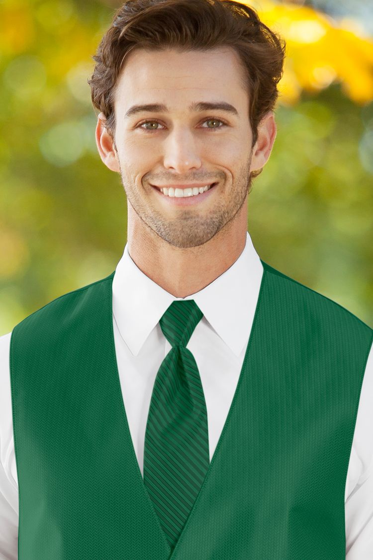 Man wearing the striped Herringbone Emerald Green Windsor Tie with a matching vest