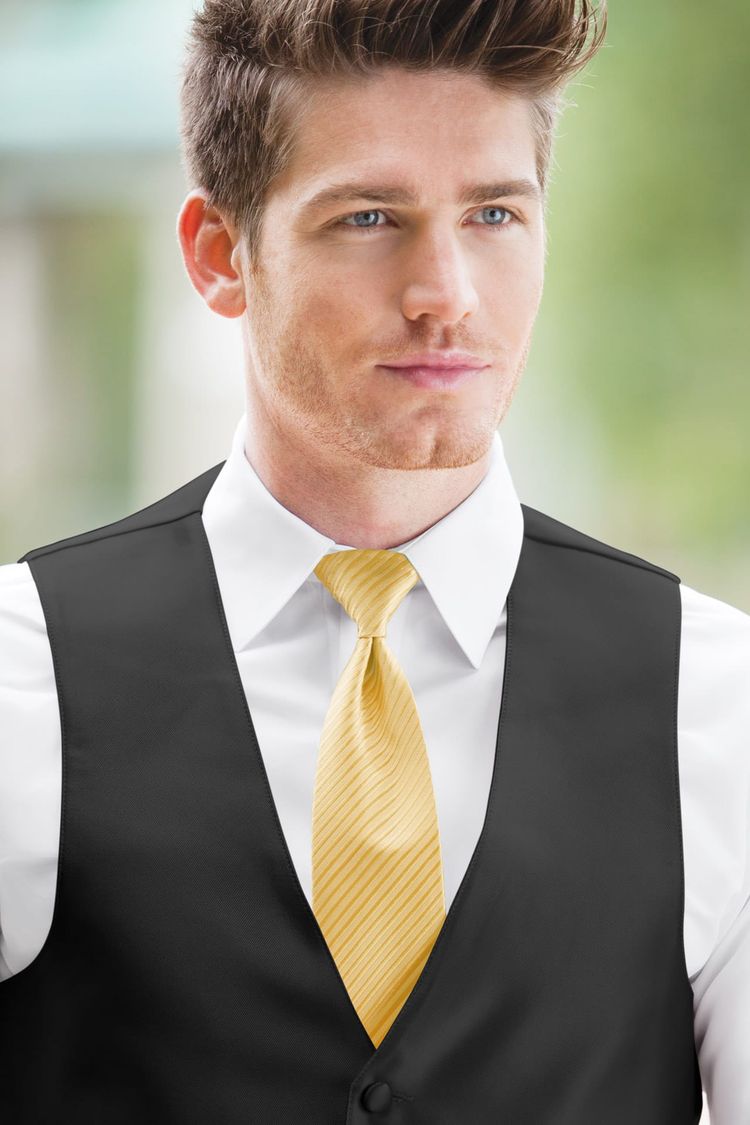 Guy wearing a Expressions Gold Windsor Tie and a black vest