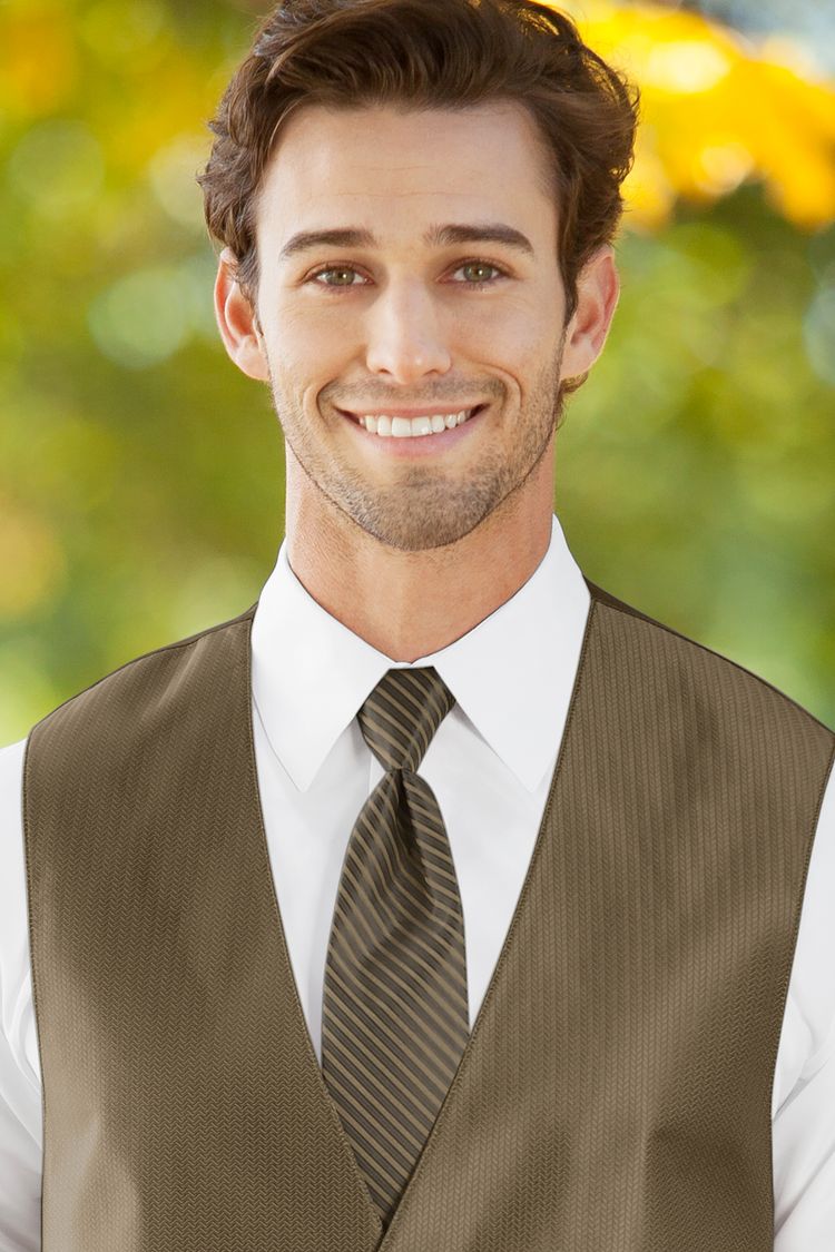 man wearing the striped Herringbone Latte Windsor Tie with a matching vest