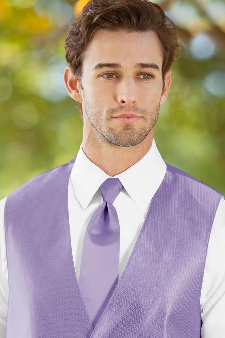 Man wearing the Herringbone Lavender Windsor Tie with a matching vest
