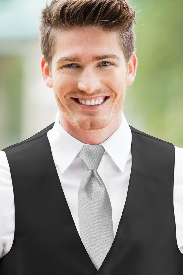 Metallic Silver Solid Windsor Tie with a black vest