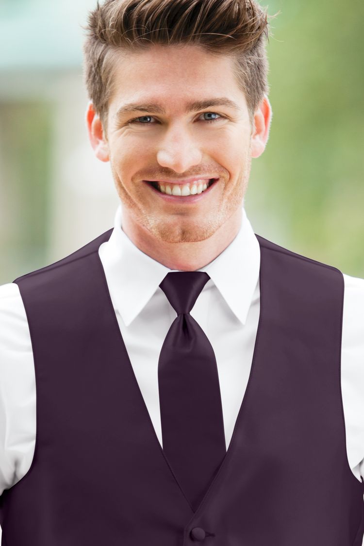 Man wearing the Expressions Plum Windsor Tie with a matching vest