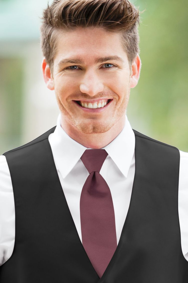 Rosewood Solid Windsor Tie with a black vest