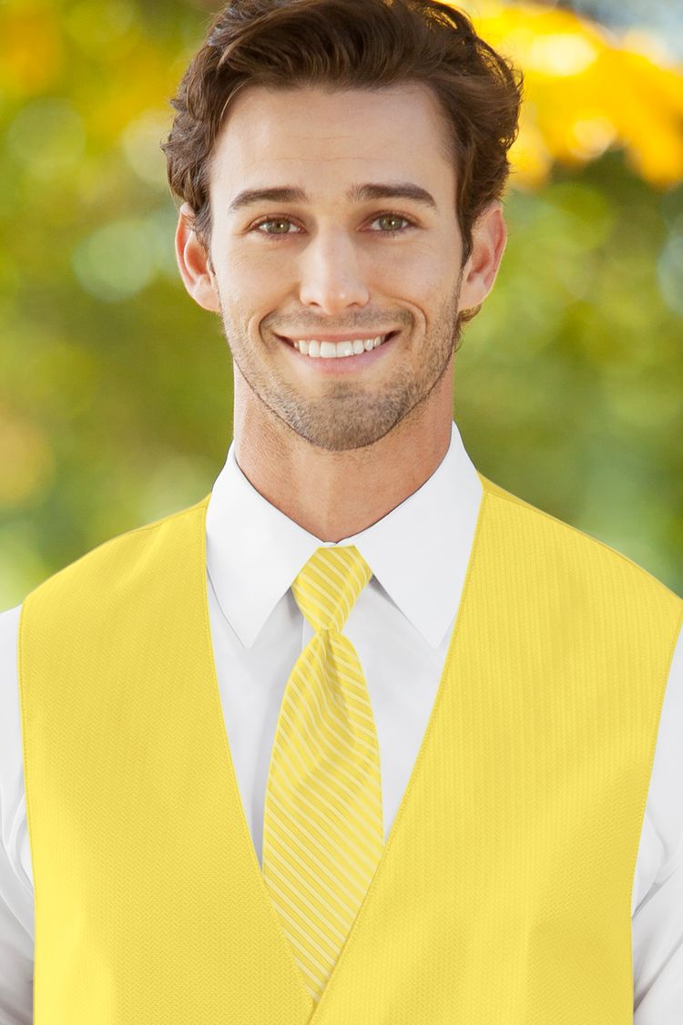 Man wearing the striped Herringbone Sunbeam Windsor Tie with a matching vest